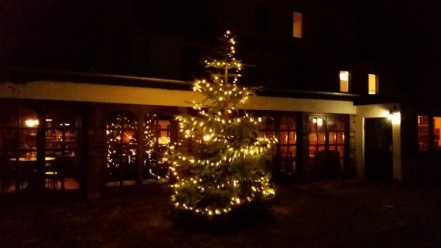 Geschmückter Weihnachtsbaum vorm Hotel Godewind